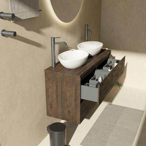 Saniclass Holz Pure Badkamermeubelset - 120x45x63cm - Noche natuurstenen topblad dark emperador - 2 kraangaten - 4 lades - mat eiken charcoal (hout) SW1478314