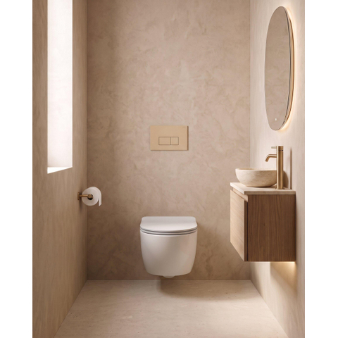 QeramiQ Dely Swirl Pack WC - 36.3x51.7cm - réservoir encastré Geberit UP720 Duofix Sigma - abattant mince - plaque de déclenchement beige - boutons rectangulaires - blanc mat SW1412309
