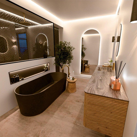 Mondiaz CIRO-DLUX Ensemble de meubles de salle de bains - 190x45x50cm - Plan vasque solid surface Sombra - 1 lavabo à gauche - 1 trou de robinet - 4 tiroirs - Chêne SW1531293