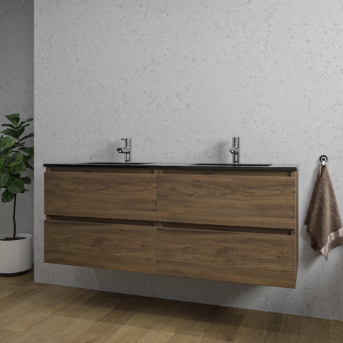 Saniclass Chaci Meuble de salle de bain - 140x46x55cm - lavabo en céramique noir - 2 vasques - 2 trous de robinet - 4 tiroirs - noyer SW1171461