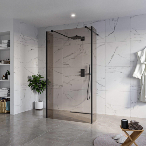 Fortifura Galeria Vrijstaande Inloopdouche - 110x200cm - Rookglas - antikalk - 8mm veiligheidsglas - 2 zijwanden - 40cm - wandsteunen en hoekprofielen - mat zwart SW993187