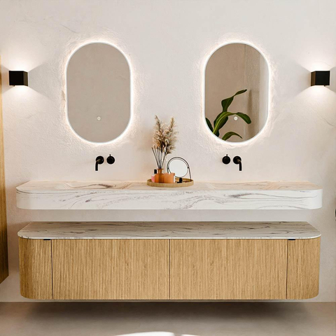 MONDIAZ THOR-DLUX 200cm meuble de salle de bains arrondi gauche + droite couleur Chêne avec 2 tiroirs et 2 portes. Vasque suspendue CLOUD Double sans trou de robinet couleur Nata. SW1467150