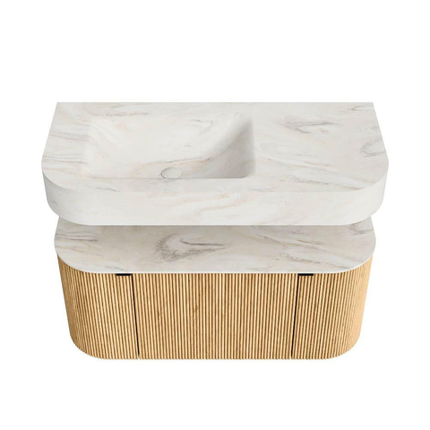 MONDIAZ THOR-DLUX 100cm meuble de salle de bains arrondi gauche + droite couleur Oak avec 1 tiroir et 2 portes. Vasque suspendue CLOUD Gauche 1 trou de robinet couleur Ostra. SW1467327