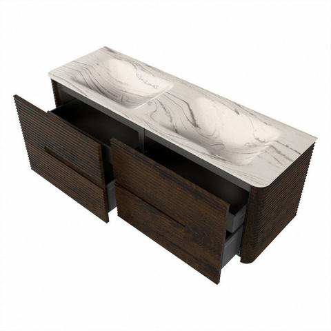 Mondiaz CIRO-DLUX Meuble de salle de bains - 140x45x50cm - Plan vasque solid surface Nata - 2 vasques Double - sans trous de robinetterie - 4 tiroirs - Noyer SW1530593