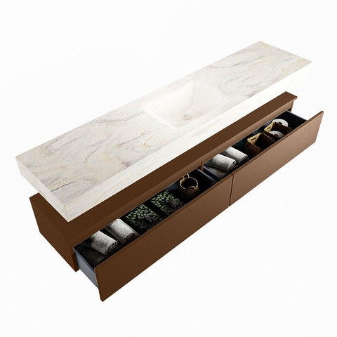 Mondiaz ALAN-DLUX Ensemble de meuble - 200cm - meuble Rust mat - 2 tiroirs - Lavabo Cloud Ostra suspendu - vasque Centre - 1 trou de robinet SW807628