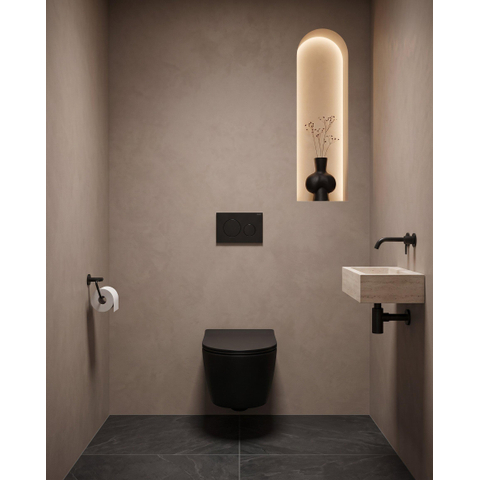 QeramiQ Dely Ensemble WC - 36.3x51.7cm - chasse profonde - sans bride - réservoir encastré Geberit UP720 - abattant WC à fermeture amortie - 35mm - plaque de commande en plastique noir mat - boutons ronds - noir mat SW1427108