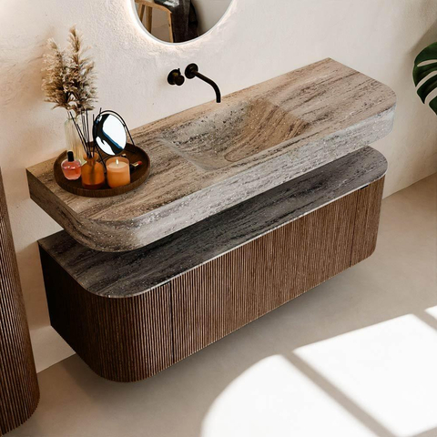 MONDIAZ THOR-DLUX 140cm meuble de salle de bains arrondi gauche + droite couleur Walnut avec 1 tiroir et 2 portes. Vasque suspendue CLOUD Milieu sans trou de robinet couleur Oza. SW1464245