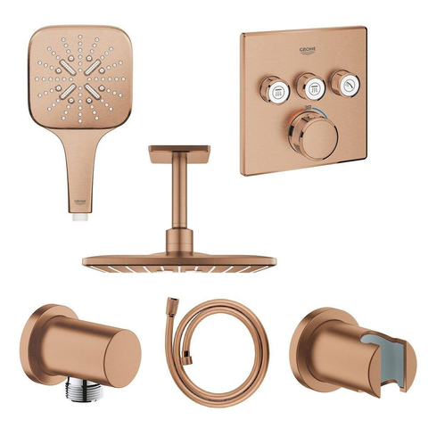 Grohe Rainshower SmartActive Regendoucheset Opbouw -hoofddouche vierkant 31cm - handdouche vierkant - plafondarm - inbouwbox - brushed warm sunset (koper) SW762045