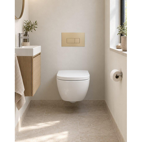 Pack WC QeramiQ Dely Swirl Compact - réservoir encastrable Geberit UP320 - avec bâti-support Burda - abattant 25 mm - plaque de commande en plastique beige - boutons rectangulaires - blanc mat SW1595670