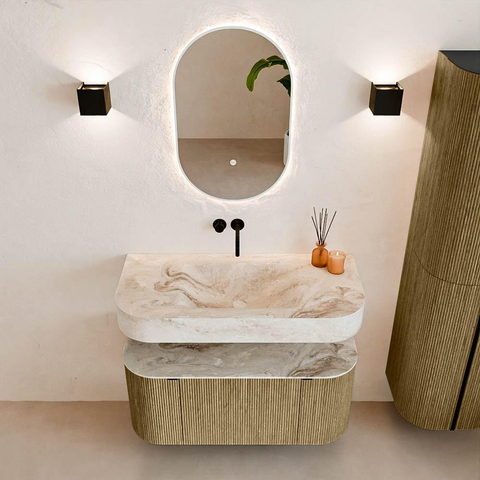 MONDIAZ THOR-DLUX 100cm meuble de salle de bains arrondi gauche + droite couleur Dusk avec 1 tiroir et 2 portes. Vasque suspendue CLOUD Milieu sans trou de robinet couleur Frappe. SW1467387