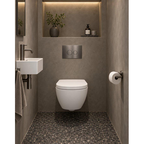 QeramiQ Dely Swirl Compact Toiletset - inbouwreservoir QeramiQ flush - 25mm zitting - metalen bedieningsplaat gunmetal - ronde knoppen - mat wit SW1590812