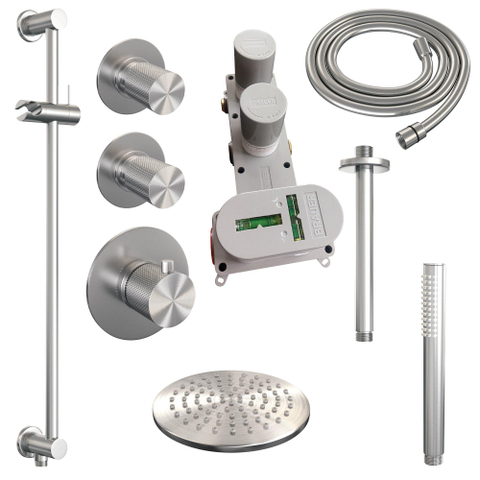 Brauer Douche pluie encastrable brossé - douche principale 20cm - bras plafond 20cm - 3 boutons sculptés - douchette à main 1 fonction - - PVD - inox brossé SW716108