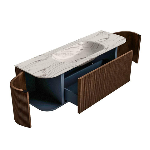 MONDIAZ KURVE-DLUX Meuble de salle de bains 140cm arrondi Gauche + Droite couleur Walnut avec 1 tiroir et 2 portes. Lavabo BIG SMALL Milieu sans trou de robinet Nata. SW1432182