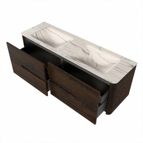 Mondiaz CIRO-DLUX Badkamermeubelset - 150x45x50cm - Solid surface wastafel Nata - 2 wasbak Dubbel - zonder kraangaten - 4 lades - Walnut SW1530596