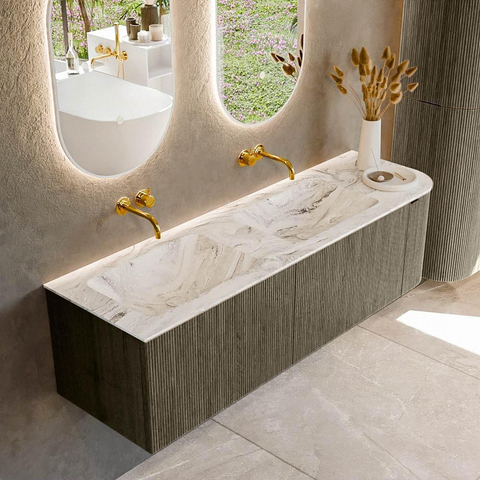 Mondiaz KURVE-DLUX Badkamermeubelset - 155x46x40cm - 2 lade - 1 deur - wastafel solid surface - dubbel / links - zonder kraangat - Shadow SW1414598