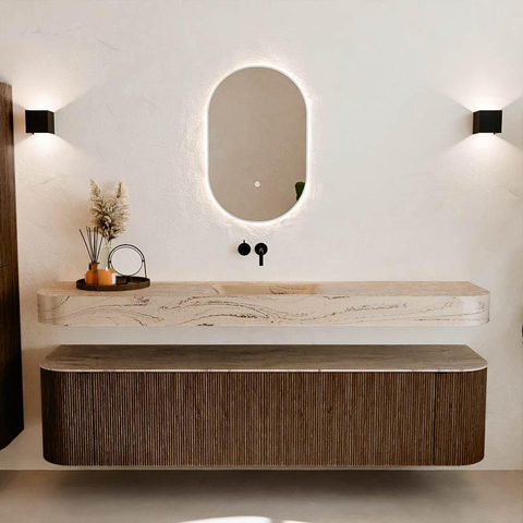 MONDIAZ THOR-DLUX 190cm meuble de salle de bains arrondi gauche + droite couleur Walnut avec 2 tiroirs et 2 portes. Vasque suspendue CLOUD Milieu sans trou de robinet couleur Arena. SW1467706