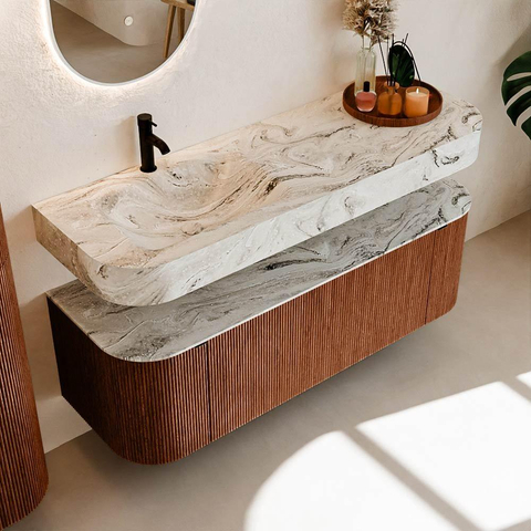 MONDIAZ THOR-DLUX 140cm meuble de salle de bains arrondi gauche + droite couleur Ruby avec 1 tiroir et 2 portes. Vasque suspendue CLOUD Gauche 1 trou de robinet couleur Glace. SW1467665