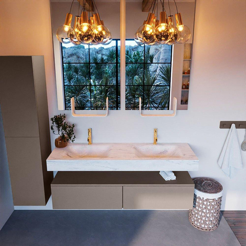 Mondiaz ALAN-DLUX Ensemble de meuble - 150cm - meuble Smoke mat - 2 tiroirs - Lavabo Cloud Opalo suspendu - vasque Gauche et droite - 2 trous de robinet SW806551