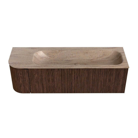 MONDIAZ KURVE-DLUX 145cm badmeubel ronding Links kleur Walnut met 1 lade en 1 deur. Wastafel BIG LARGE Rechts 1 kraangat Saba. SW1433186