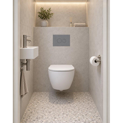 QeramiQ Dely Swirl Compact Toiletset - inbouwreservoir QeramiQ flush - slim zitting - kunststof bedieningsplaat licht grijs - ronde knoppen - mat wit SW1590792
