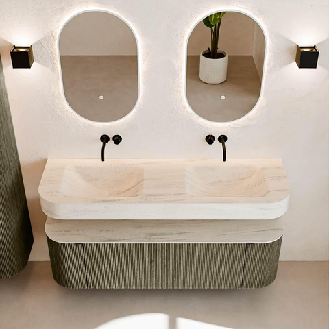 MONDIAZ THOR-DLUX 150cm badmeubel ronding links + rechts kleur Shadow met 1 lade en 2 deuren. Vrijhangende wastafel CLOUD Dubbel zonder kraangat kleur Meli. SW1464786