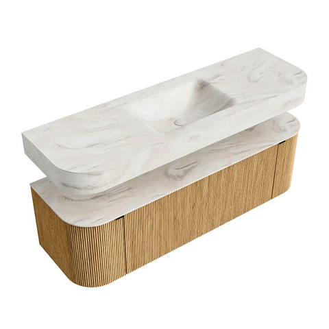 MONDIAZ THOR-DLUX 150cm meuble de salle de bains arrondi gauche + droite couleur Oak avec 1 tiroir et 2 portes. Vasque suspendue CLOUD Milieu sans trou de robinet couleur Ostra. SW1464612