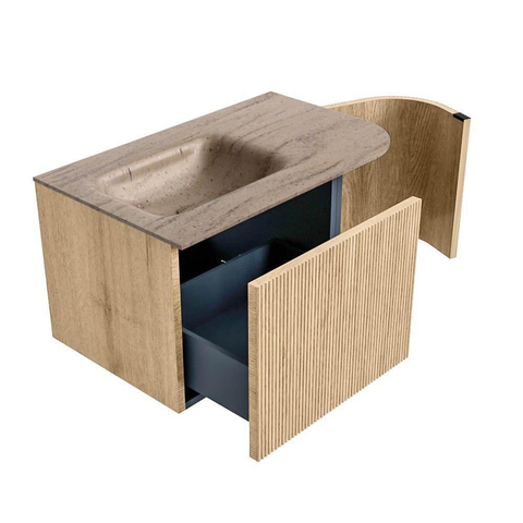 MONDIAZ KURVE-DLUX 75cm badmeubel ronding Rechts kleur Oak met 1 lade en 1 deur. Wastafel GRUNNE Links 1 kraangat Saba. SW1433036