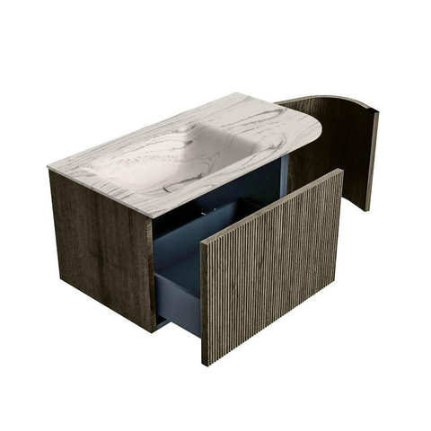 MONDIAZ KURVE-DLUX 85cm badmeubel ronding Rechts kleur Shadow met 1 lade en 1 deur. Wastafel CLOUD Links zonder kraangat Nata. SW1432269