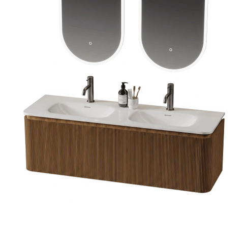 Royal Plaza Terra Edge Ensemble meuble de salle de bains - 140x44.7x46cm - vasque en solid surface blanc mat - 2 vasques - 2 trous de robinet - 2 tiroirs - sandwood (chêne clair) SW1471920