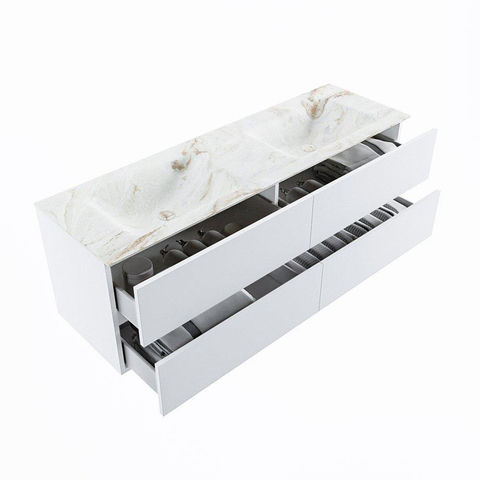 MONDIAZ VICA-DLUX Ensemble meuble de salle de bains - 150cm - meuble bas talc - 4 tiroirs - vasque encastrée cloud double - sans trous de robinet - version hauteur 60cm - frape SW1088617