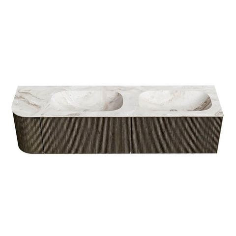 Mondiaz KURVE-DLUX Ensemble de meuble de salle de bains - 175x46x40cm - 2 tiroirs - 1 porte - lavabo solid surface - double / droite - sans trou de robinet - Shadow SW1414403