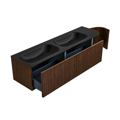MONDIAZ KURVE Meuble de salle de bains 165 cm avec module 25 R couleur Walnut avec 2 tiroirs et 1 porte. Lavabo BIG SMALL double / gauche sans trou de robinet Urban. SW1138541