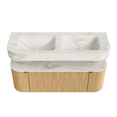 MONDIAZ THOR-DLUX 130cm meuble de salle de bains arrondi gauche + droite couleur Oak avec 1 tiroir et 2 portes. Vasque suspendue CLOUD Double sans trou de robinet couleur Ostra. SW1463558
