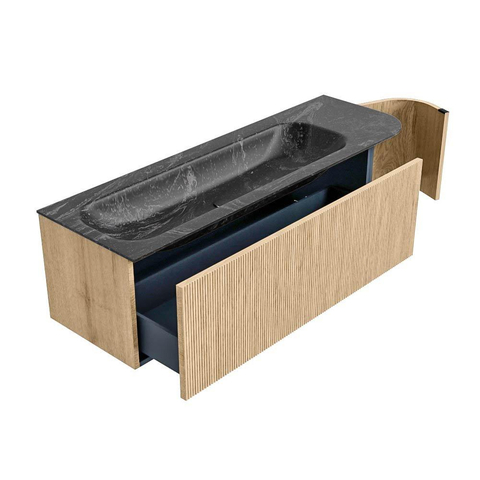 MONDIAZ KURVE-DLUX 145cm badmeubel met module 25 R kleur Oak met 1 lade en 1 deur. Wastafel BIG LARGE links 2 kraangaten kleur Lava. SW1137199
