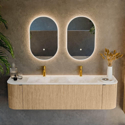 MONDIAZ KURVE-DLUX meuble de salle de bains 170 cm avec module 25 Len R couleur chêne avec 1 tiroir et 2 portes. Lavabo LEAF double 2 trous de robinet couleur Frappe. SW1137395