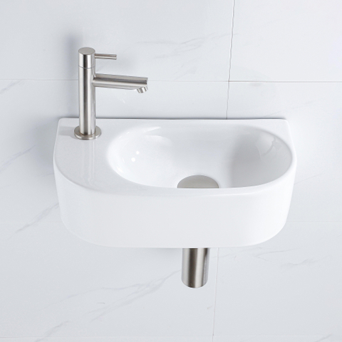 QeramiQ Fuente pack lave-mains – 40 x 21,5 x 12 cm – céramique blanc brillant – perçage à gauche – robinet inox brossé SW1232808