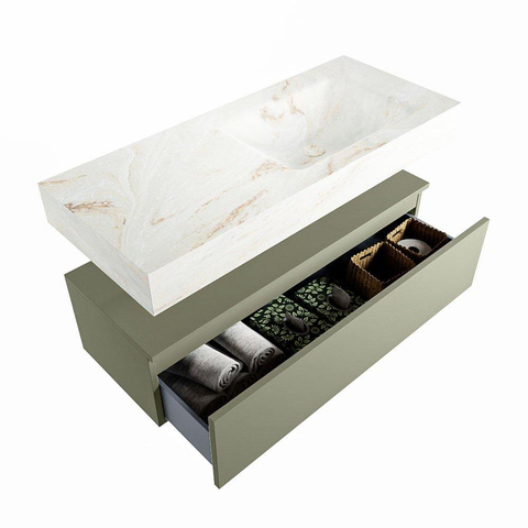 Mondiaz ALAN-DLUX Ensemble de meuble - 110cm - meuble Army mat - 1 tiroir - Lavabo Cloud Frappe suspendu - vasque Droite - 1 trou de robinet SW805559