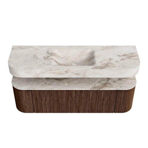 MONDIAZ THOR-DLUX 150cm meuble de salle de bains arrondi gauche + droite couleur Walnut avec 1 tiroir et 2 portes. Vasque suspendue CLOUD Milieu sans trou de robinet couleur Frappe. SW1464624