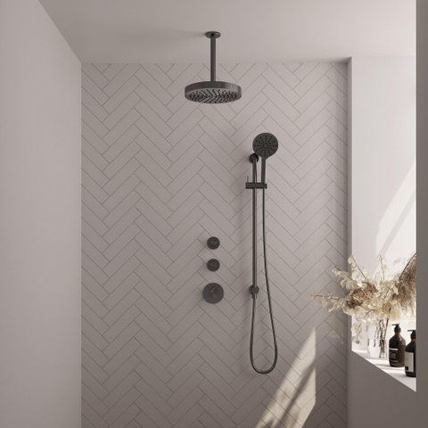 BRAUER Stripe Thermostatische Inbouw Regendouche - SET 12 - 25cm douchekop - plafondarm - 3-standen handdouche - doucheslang - geïntegreerde glijstang - gunmetal geborsteld PVD SW1435003