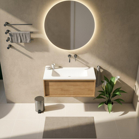 Saniclass Holz Frame Badkamermeubelset - 100x45x57.5cm - Torino solid surface wastafel wit - zonder kraangat - 1 lade - mat eiken natural (hout) SW1478659