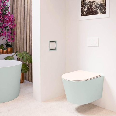Mondiaz LAVIE hangtoilet – spoelrandloos – 36 x 53 cm – met softclose zitting – Greey (lichtgroen/grijs), zitting Rosee (roze) SW1208686