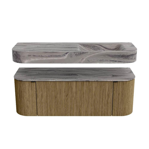 MONDIAZ THOR-DLUX 130cm meuble de salle de bains arrondi gauche + droite couleur Dusk avec 1 tiroir et 2 portes. Vasque suspendue CLOUD Droite 1 trou de robinet couleur Sombra. SW1464080