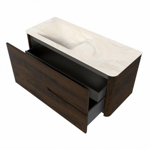 Mondiaz CIRO-DLUX Meuble de salle de bains - 110x45x50cm - Vasque en solid surface Ostra - 1 bassin à gauche - 1 trou de robinet - 2 tiroirs - Noyer SW1530355