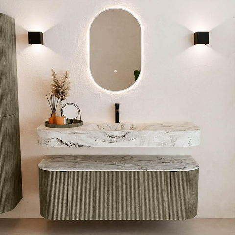 MONDIAZ THOR-DLUX 130cm meuble de salle de bains arrondi gauche + droite couleur Shadow avec 1 tiroir et 2 portes. Vasque suspendue CLOUD Milieu 1 trou de robinet couleur Glace. SW1467655
