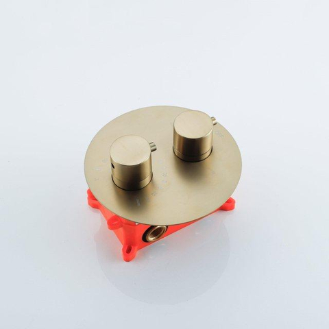 Fortifura Calvi Inbouw Regendoucheset - rond - thermostatisch - plafondarm - glijstang - 25cm - hoofddouche - ronde handdouche - PVD - geborsteld messing (goud) SW1189353