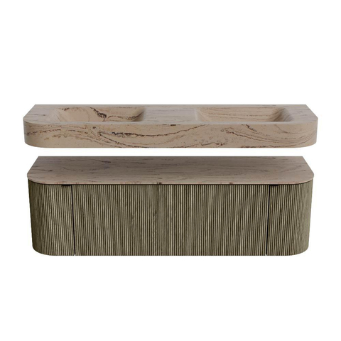 MONDIAZ THOR-DLUX 150cm meuble de salle de bains arrondi gauche + droite couleur Shadow avec 1 tiroir et 2 portes. Vasque suspendue CLOUD Double sans trou de robinet couleur Arena. SW1464746