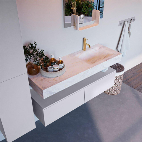 Mondiaz ALAN-DLUX Ensemble de meuble - 130cm - meuble Cale mat - 2 tiroirs - Lavabo Cloud Ostra suspendu - vasque Droite - 1 trou de robinet SW807719