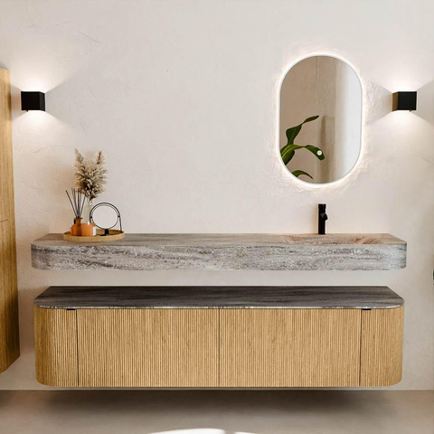 MONDIAZ THOR-DLUX Meuble de salle de bains 190cm arrondi gauche + droite couleur Oak avec 2 tiroirs et 2 portes. Vasque suspendue CLOUD Droite 1 trou de robinet couleur Oza. SW1466805
