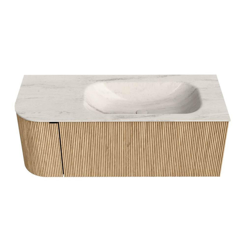 MONDIAZ KURVE-DLUX Meuble de salle de bains 115 cm arrondi à gauche couleur Chêne avec 1 tiroir et 1 porte. Lavabo BIG SMALL à droite 1 trou de robinet Meli. SW1431593