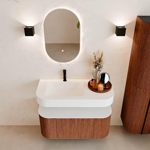 MONDIAZ THOR 100cm meuble de salle de bains arrondi gauche + droite couleur Ruby avec 1 tiroir et 2 portes. Vasque suspendue CLOUD Gauche 1 trou de robinet couleur Talc. SW1467361